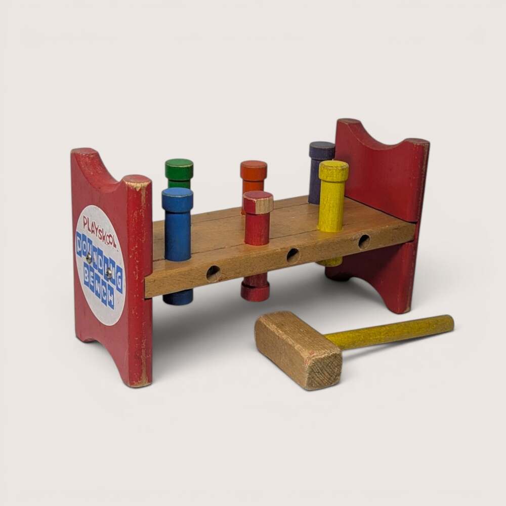 Vintage 1970s Playskool Wood Pounding Bench Mallet Pegs Primary Color Display